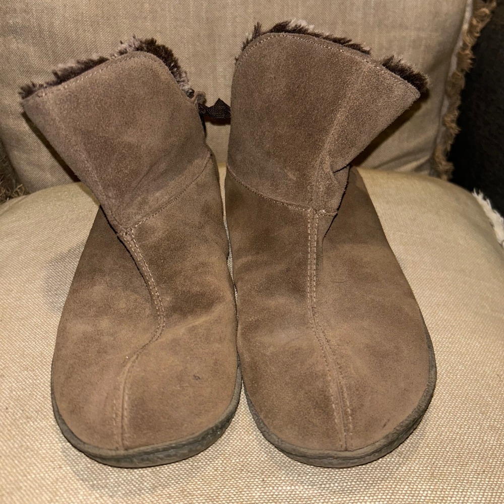 Womens 11 Brown Suede Ankle Boots Faux Fur Fold Over Boho Cozy Apres Ski